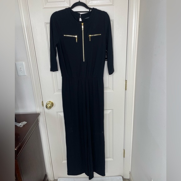 Boston Proper Beyond Travel long sleeve jumpsuit black with gold accent | M - Picture 1 of 10